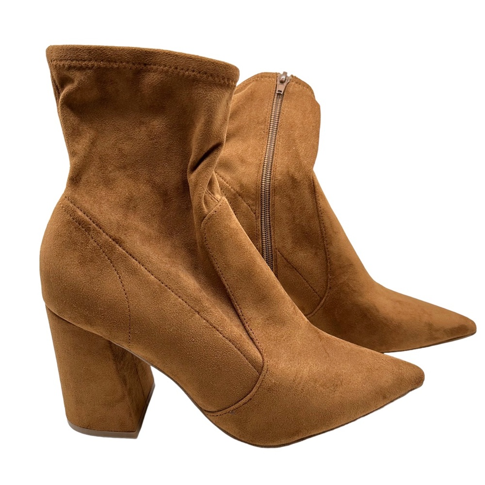 Steve Madden Hayes Point Toe Faux Suede Block Heel Stretchy Ankle Bootie Cognac - Picture 12 of 12